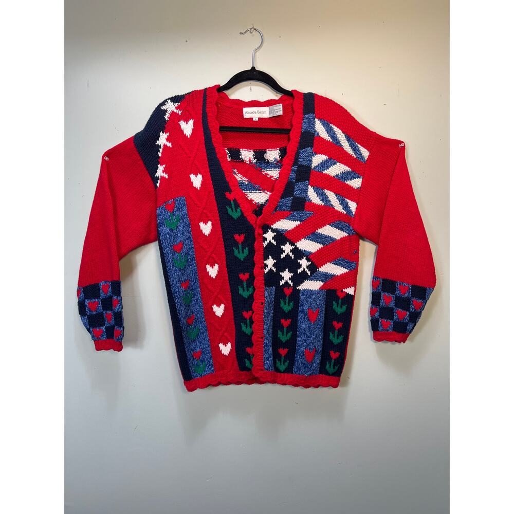 Vtg Alexandra Bartlett Patriotic Cardigan Sweater Large Americana Stars Flags